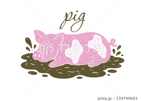 A cute pig is resting in a puddle. Pig in the mud. Hand drawn. Not AI, vector illustration. A cute pig is resting in a puddle. Pig in the mud. Hand drawn. Not AI, vector illustration. 139740683