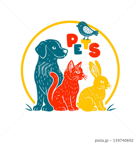 Favorite pets logo of a pet store or veterinary pharmacy. Hand drawn. Not AI, vector illustration. Favorite pets logo of a pet store or veterinary pharmacy. Hand drawn. Not AI, vector illustration. 139740692
