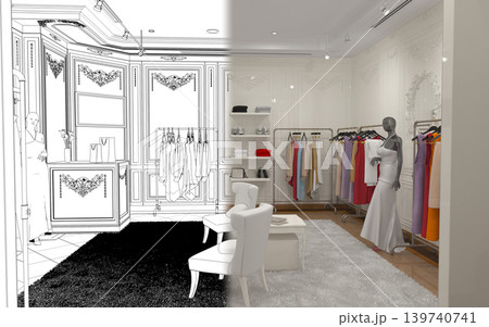 clothing store, interior visualization, 3D illustration clothing store, interior visualization, 3D illustration 139740741
