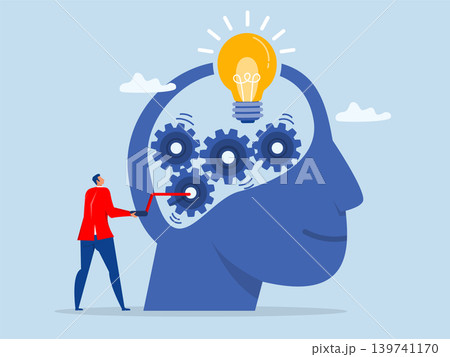Businessman Turning Cogwheel to Help System Get New Lightbulb Idea on human head Innovation to Get Idea Solution or Improvement in System 139741170