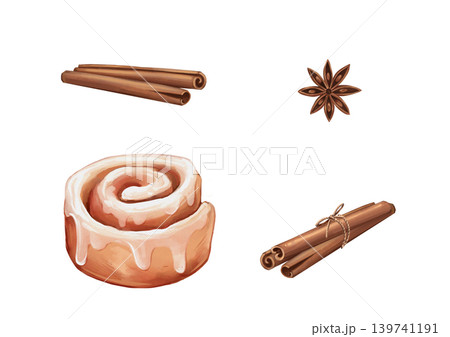 Sweet hand drawn illustration set with fresh cinnamon bun with glaze, spice sticks, and star anise. Cozy autumn and winter food clipart for recipes, menu, or stickers. Isolated on white background. Sweet hand drawn illustration set with fresh cinnamon bun with glaze, spice sticks, and star anise. Cozy autumn and winter food clipart for recipes, menu, or stickers. Isolated on white background. 139741191