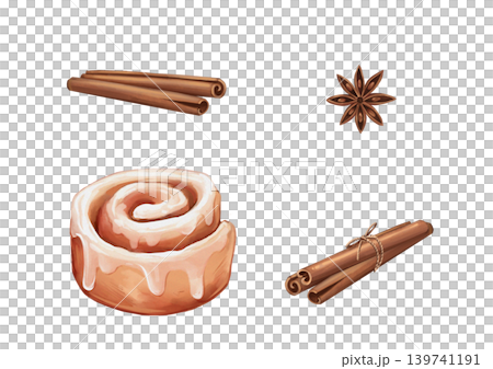 Sweet hand drawn illustration set with fresh cinnamon bun with glaze, spice sticks, and star anise. Cozy autumn and winter food clipart for recipes, menu, or stickers. Isolated on white background. Sweet hand drawn illustration set with fresh cinnamon bun with glaze, spice sticks, and star anise. Cozy autumn and winter food clipart for recipes, menu, or stickers. Isolated on white background. 139741191