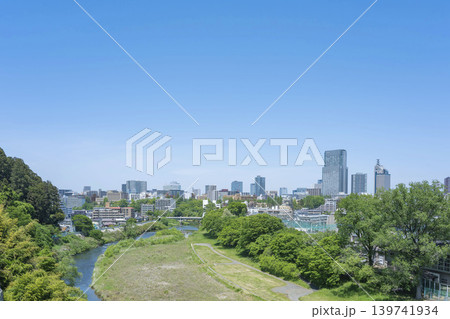春の広瀬川と仙台市全景　 139741934