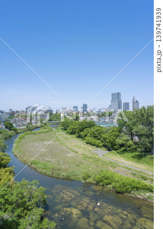 春の広瀬川と仙台市全景　 139741939