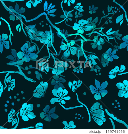 Seamless black background with blue neon sakura flowers. Hand drawn. Not AI, vector illustration Seamless black background with blue neon sakura flowers. Hand drawn. Not AI, vector illustration 139741966