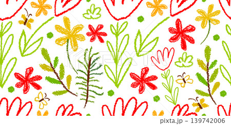 Seamless pattern simple flowers children's drawing with crayons. Hand drawn. Not AI, vector illustration. Seamless pattern simple flowers children's drawing with crayons. Hand drawn. Not AI, vector illustration. 139742006
