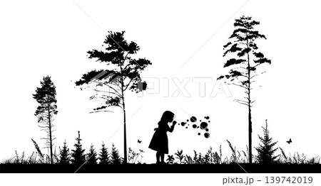 Silhouette of a girl blowing soap bubbles outdoors . Not AI, vector illustration. Silhouette of a girl blowing soap bubbles outdoors . Not AI, vector illustration. 139742019