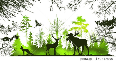 Animals in the green forest abstract. Hand drawn. Not AI, vector illustration. Animals in the green forest abstract. Hand drawn. Not AI, vector illustration. 139742050