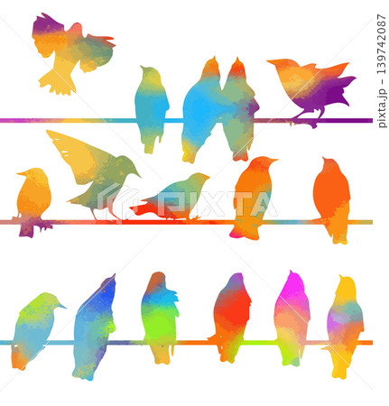 Silhouette colored of starlings on wires. Hand drawn. Not AI, vector illustration. 139742087