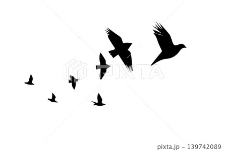 Flying birds silhouette flock. hand drawing. Not AI. Vector illustration Flying birds silhouette flock. hand drawing. Not AI. Vector illustration 139742089