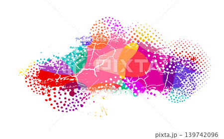 Colored paint blobs with cracks, dots and halftone. Hand drawn. Not AI, vector illustration. 139742096