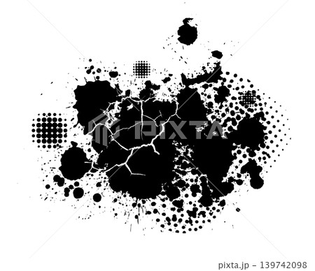 Splatter Paint Texture with cracks, dots, and halftone. Black Spray Blot of Ink. Place illustration Over any Object to Create Grungy Effect . hand drawn. Not AI, Vector Splatter Paint Texture with cracks, dots, and halftone. Black Spray Blot of Ink. Place illustration Over any Object to Create Grungy Effect . hand drawn. Not AI, Vector 139742098
