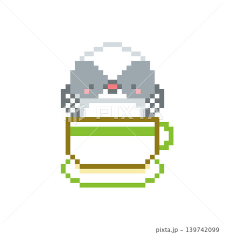 緑色カップとシマエナガの雛のドット絵 緑色カップとシマエナガの雛のドット絵 139742099