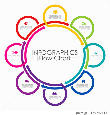Modern eight-step infographic design template with circular arrows, icons, text for business process. Vector illustration. Modern eight-step infographic design template with circular arrows, icons, text for business process. Vector illustration. 139742113