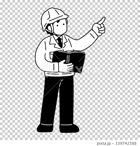 A monochrome illustration of a man wearing a helmet, suit, and work clothes, standing with documents in his hand and pointing diagonally upwards. A monochrome illustration of a man wearing a helmet, suit, and work clothes, standing with documents in his hand and pointing diagonally upwards. 139742388