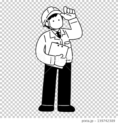 クリップボードを持ちヘルメットに手を添えて立つスーツに作業服を着た男性の単色イラスト 139742389