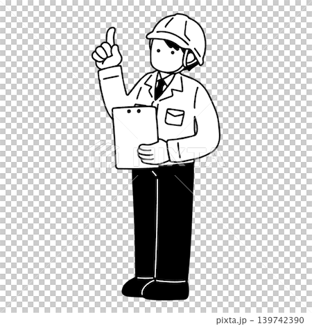 クリップボードを持ち上を指さすヘルメットをかぶりスーツに作業服を着た男性の単色イラスト クリップボードを持ち上を指さすヘルメットをかぶりスーツに作業服を着た男性の単色イラスト 139742390