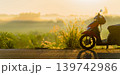 Scooter in a foggy landscape on an empty road at golden morning light, atmospheric background with copy space for design. High quality photo 139742986