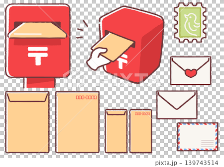シンプルな封筒やメールとポストのイラストセット シンプルな封筒やメールとポストのイラストセット 139743514