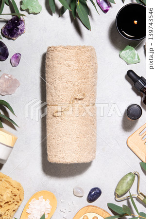 Spa Composition with Rolled Towels and Natural Wellness Accessories Spa Composition with Rolled Towels and Natural Wellness Accessories 139743546