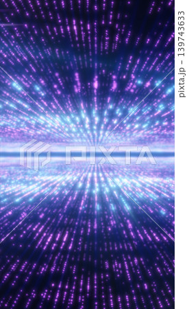 Futuristic purple and cyan particle tunnel with glowing data streams, creating a high-speed digital technology background. 139743633