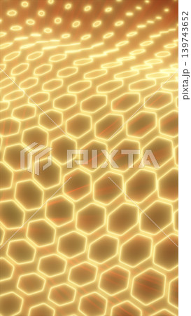 Glowing golden honeycomb grid with curved hexagonal pattern, creating a futuristic abstract technology background. Glowing golden honeycomb grid with curved hexagonal pattern, creating a futuristic abstract technology background. 139743652