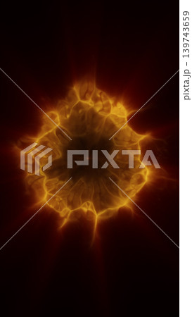 Golden fiery portal with glowing plasma edges, dark center, and radiant abstract energy blooming on a deep red background. Golden fiery portal with glowing plasma edges, dark center, and radiant abstract energy blooming on a deep red background. 139743659