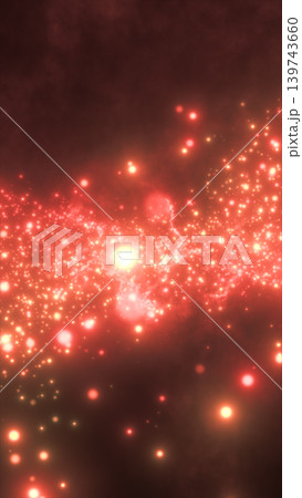 Abstract orange cosmic particle stream with glowing stars, golden sparks, warm nebula dust, and luminous space energy. 139743660