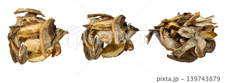 Dried wild mushrooms isolated on white background, porcini slices set Dried wild mushrooms isolated on white background, porcini slices set 139743879