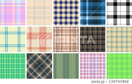 Plaid bundle designed for stationery, textiles, and digital media. Seamless tartan textures support all creative projects. 139743968
