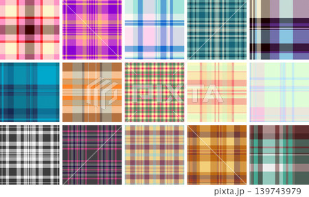 Plaid pattern set created for trendy digital backgrounds and wallpapers. Seamless vectors perfect for social media posts, websites, apps, and devices. 139743979