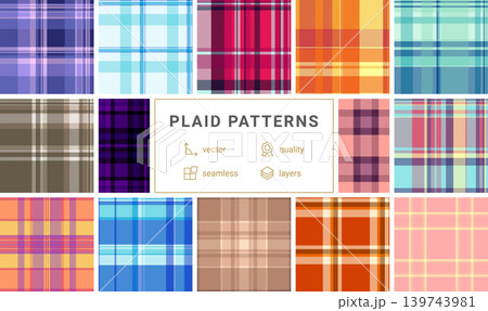Plaid bundle for scrapbook covers. Seamless tartan textures add charm and style to handmade journals. Vector paths remain editable. 139743981