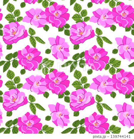 Vector background with dog roses. A popular Victorian motif. A symbol of love and passion. Seamless pattern with pink roses. Clipart for wrapping paper for cosmetics and perfumes. 139744141