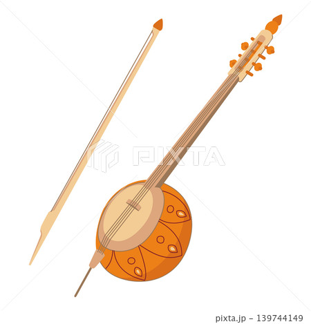 The kamancheh is an Iranian string instrument used in Persian, Georgian, Turkmen and Kurdish music. Wooden version of the oriental lute and bow. Kemanjah for folk music. Vector kabak in flat style. The kamancheh is an Iranian string instrument used in Persian, Georgian, Turkmen and Kurdish music. Wooden version of the oriental lute and bow. Kemanjah for folk music. Vector kabak in flat style. 139744149
