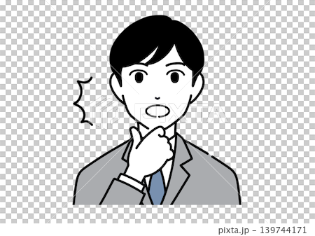 手を顎に当てて思い出すスーツ姿の若い男性のイラスト モノトーン 手を顎に当てて思い出すスーツ姿の若い男性のイラスト モノトーン 139744171