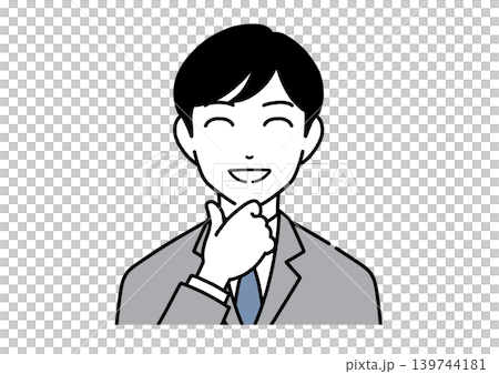 A monochrome illustration of a young man in a suit with his hand on his chin, smiling and looking satisfied. A monochrome illustration of a young man in a suit with his hand on his chin, smiling and looking satisfied. 139744181