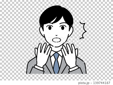 A young male office worker in a suit, with both hands covering his mouth in surprise. A young male office worker in a suit, with both hands covering his mouth in surprise. 139744187