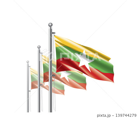 Brightly shining Myanmar flags wave proudly on tall masts during official celebration events Brightly shining Myanmar flags wave proudly on tall masts during official celebration events 139744279