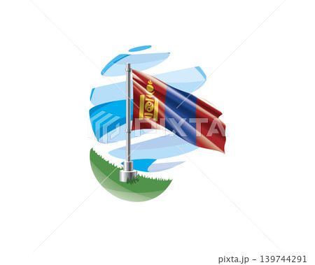 Mongolian flag on a green lawn against a background of blue abstract sky Mongolian flag on a green lawn against a background of blue abstract sky 139744291