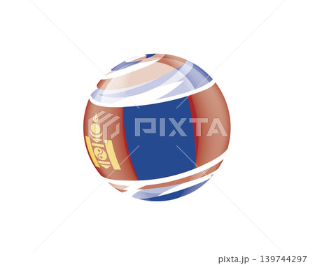 Illustration of globe wrapped in Mongolian flag patterns with subtle shadowing 139744297