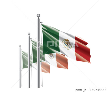 Brightly shining Mexican flags wave proudly on tall masts during official celebration events Brightly shining Mexican flags wave proudly on tall masts during official celebration events 139744336