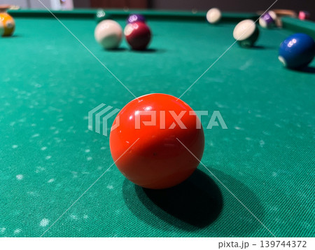 A bright orange billiard ball rests on a green pool table with other balls scattered around as players are preparing for the next shot A bright orange billiard ball rests on a green pool table with other balls scattered around as players are preparing for the next shot 139744372