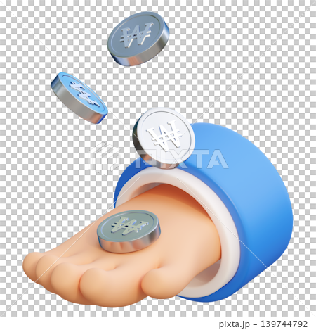 3D render of cartoon hand holding South Korean won coins finance and banking concept 3D render of cartoon hand holding South Korean won coins finance and banking concept 139744792
