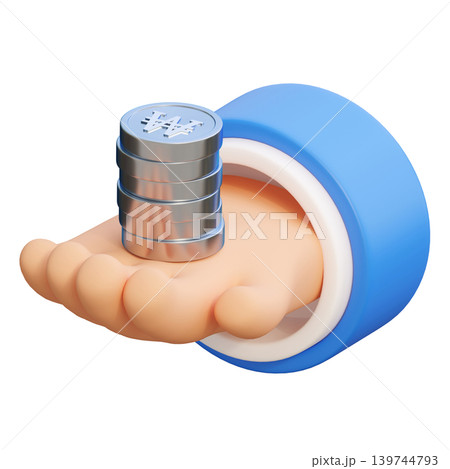 3D render of cartoon hand holding South Korean won coins finance and banking concept 3D render of cartoon hand holding South Korean won coins finance and banking concept 139744793