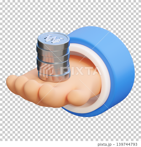 3D render of cartoon hand holding South Korean won coins finance and banking concept 3D render of cartoon hand holding South Korean won coins finance and banking concept 139744793