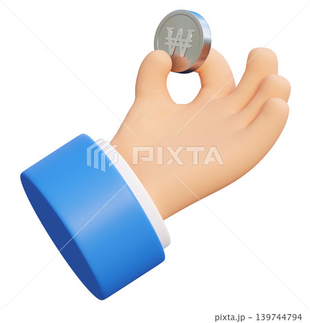 3D render of cartoon hand holding South Korean won coins finance and banking concept 3D render of cartoon hand holding South Korean won coins finance and banking concept 139744794