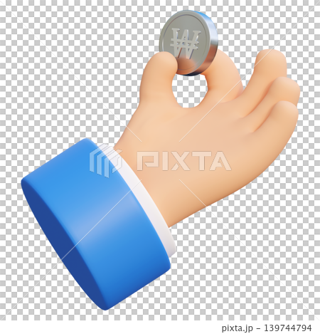 3D render of cartoon hand holding South Korean won coins finance and banking concept 3D render of cartoon hand holding South Korean won coins finance and banking concept 139744794