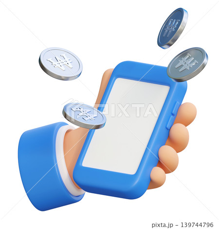 3D render of hand holding smartphone with South Korean won coins mobile banking concept 3D render of hand holding smartphone with South Korean won coins mobile banking concept 139744796