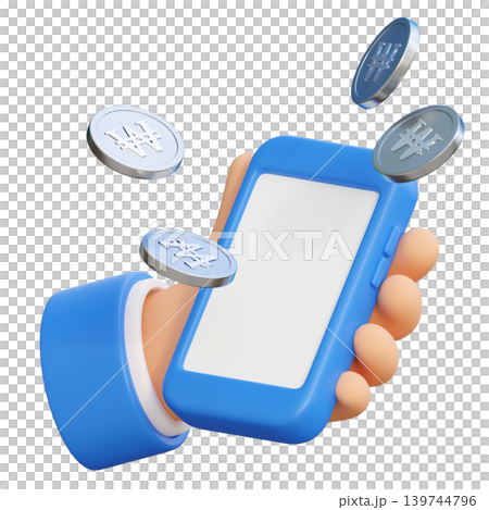 3D render of hand holding smartphone with South Korean won coins mobile banking concept 3D render of hand holding smartphone with South Korean won coins mobile banking concept 139744796