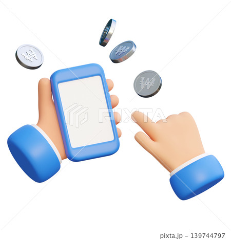 3D render of hand holding smartphone with South Korean won coins mobile banking concept 3D render of hand holding smartphone with South Korean won coins mobile banking concept 139744797